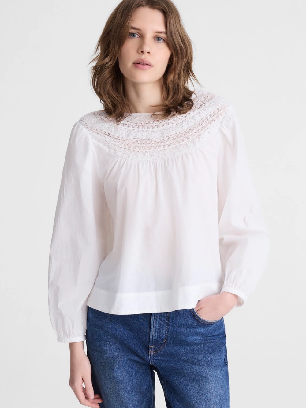 NWT Madewell Lace Inset Blouse Peasant Sleeves 100% Cotton Sz Small Cottagecore